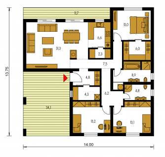 Spiegelverkehrter Entwurf | Grundriss des Erdgeschosses - BUNGALOW 230